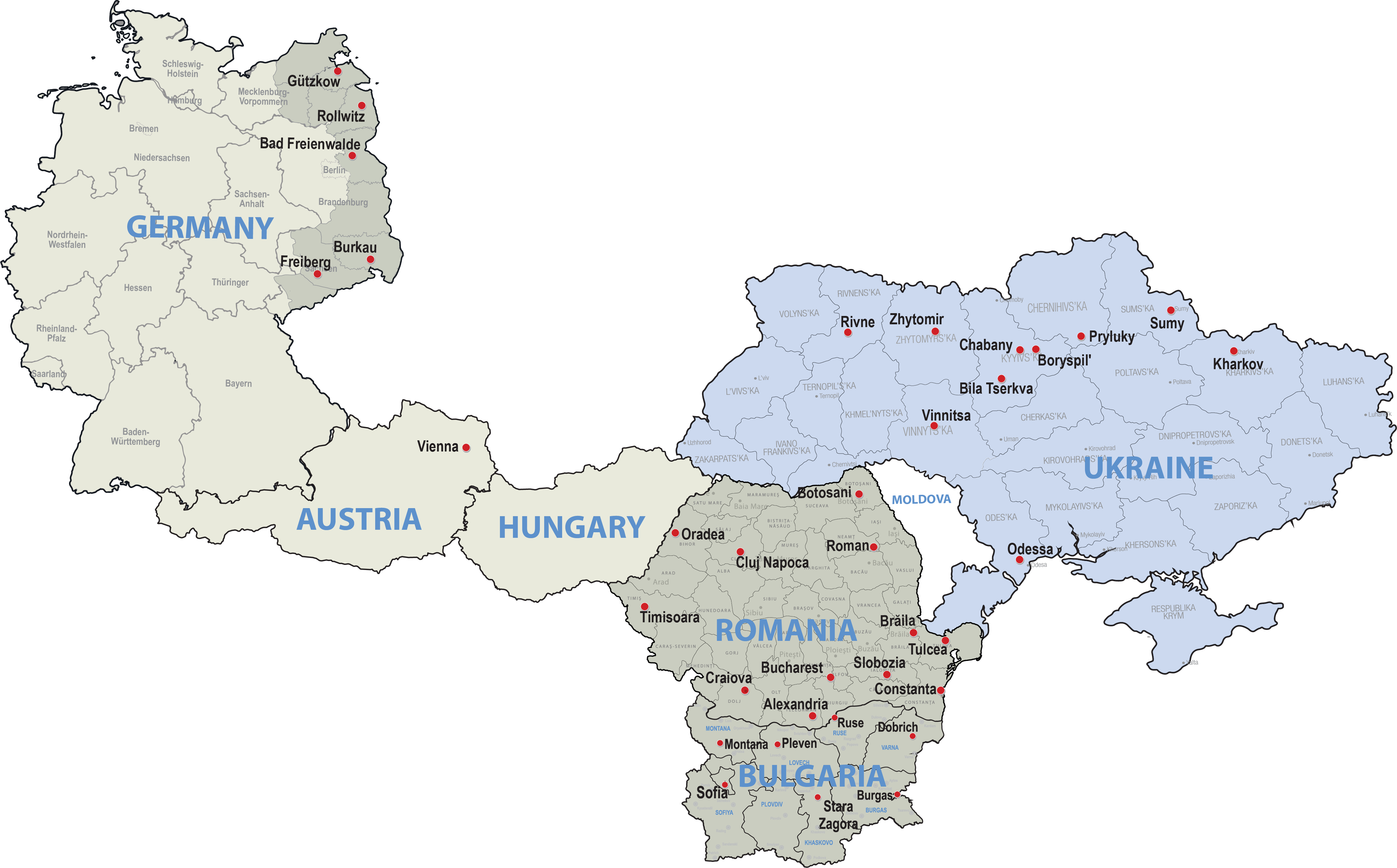 Eastern Europe Map including Germany, Austria, Hungary, Romania, Bulgaria, and Ukraine